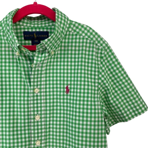 Ralph Lauren Boys Green Gingham Short Sleeve Button Down Shirt Size S 8 Cotton - Picture 2 of 9